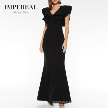 Tie Back Ruffle Sleeve Double Frill V Long Black Dress Formal